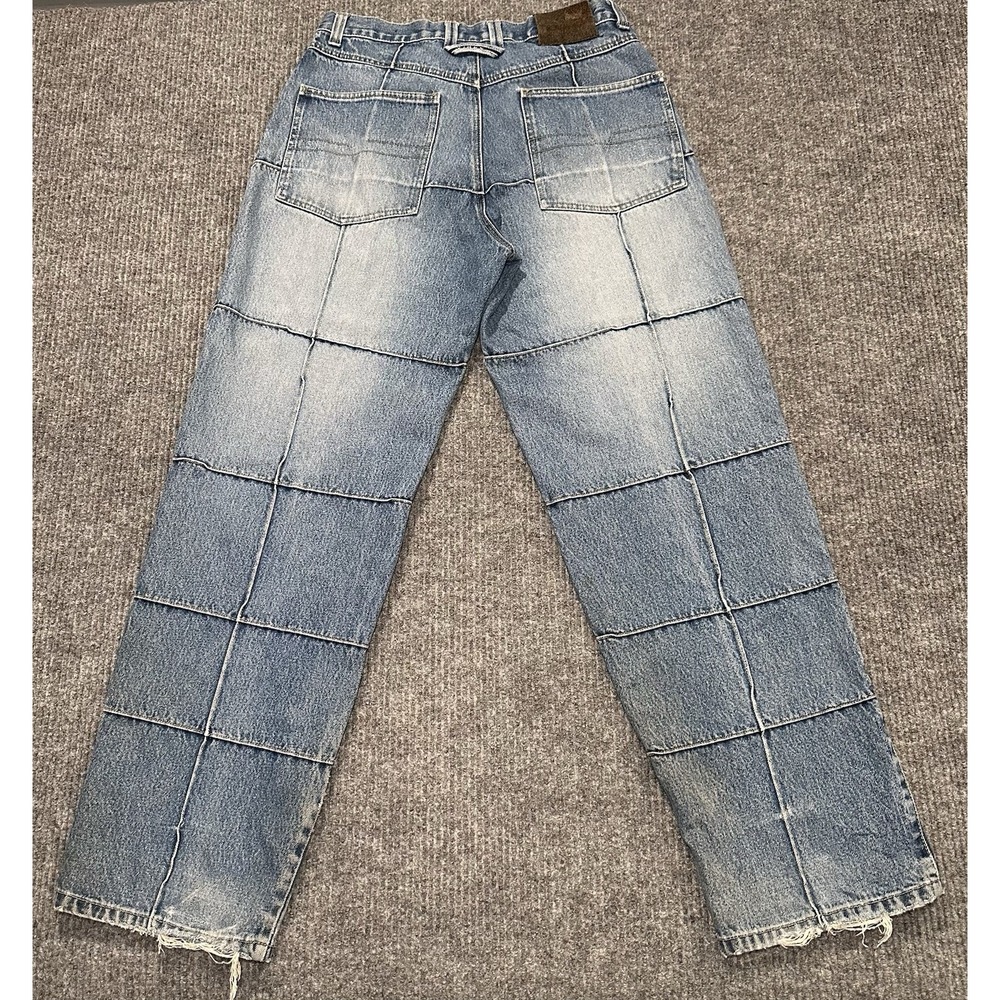 Vibes Panel Stick Jeans Men 34x34 Blue Denim Baggy Skater Patchwork Y2K Wide Leg